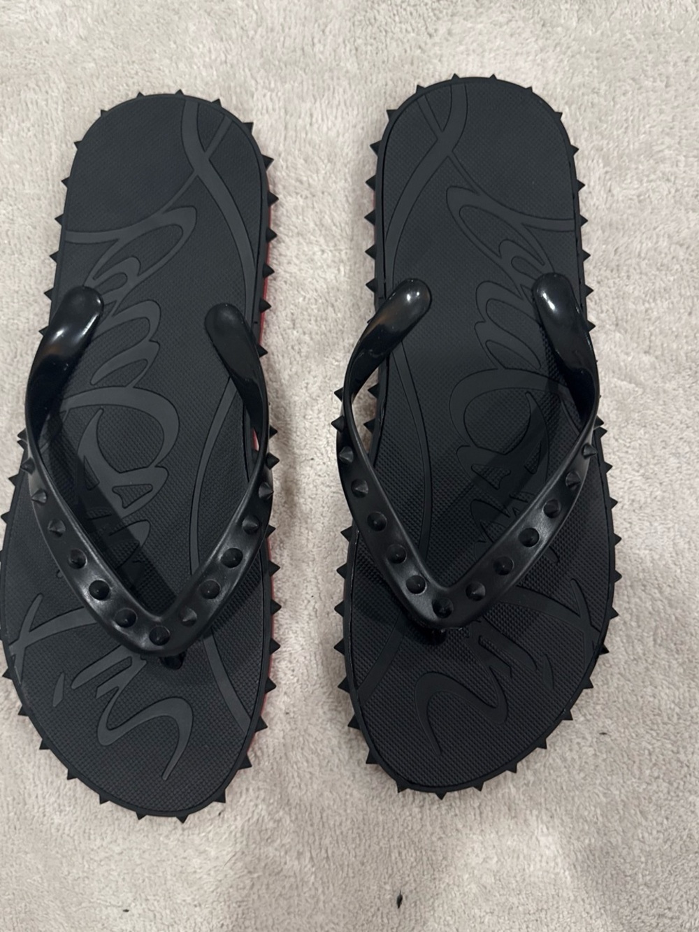 Christian Louboutin Black Flip-Flop Sandals with Red Soles and Spike Trim - Picture 2 of 3